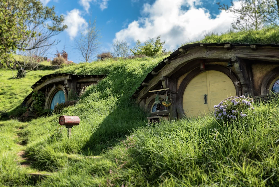 Lord of the rings style grass covered cabins.