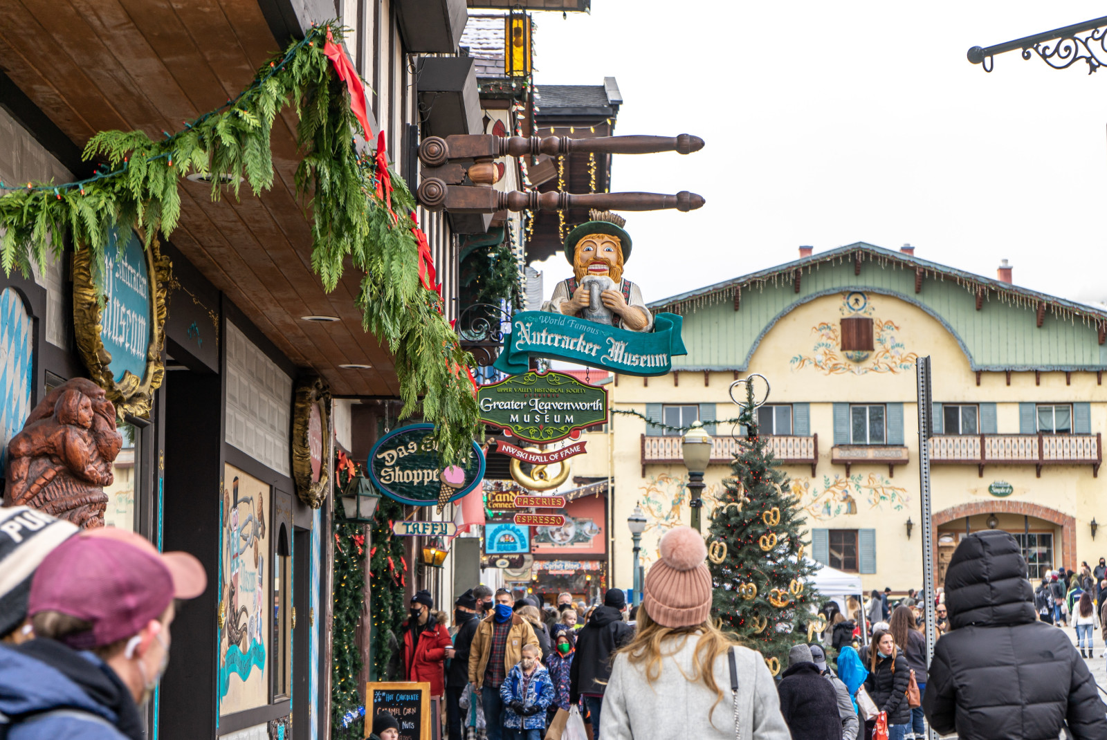 Storefronts, signs and people in Leavenworth, Washington