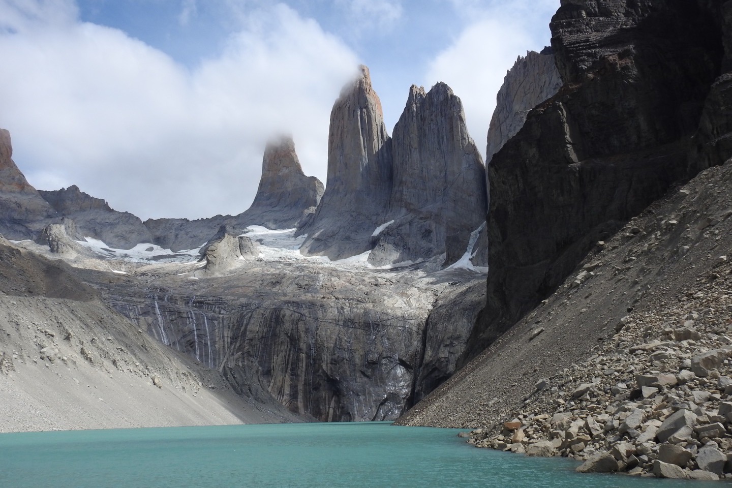 Patagonia lake and mountains with some snow on them. 