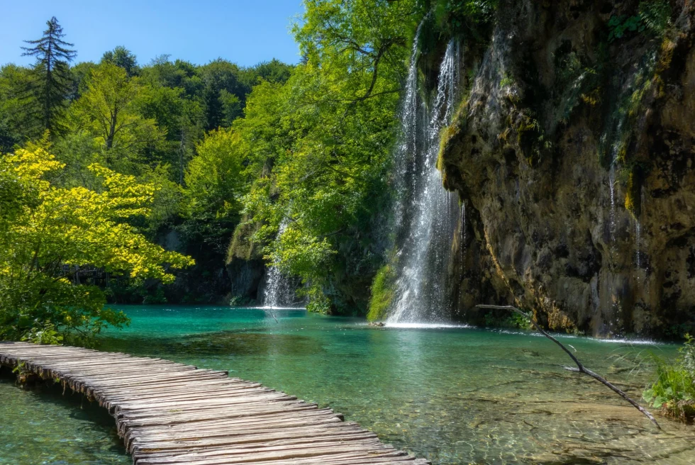 Brown wooden dock with waterfall and trees in the background.