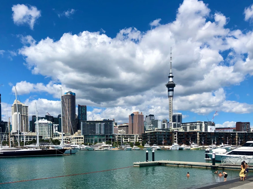 A city view of Auckland, New Zealand with tall brown and white buildings, with white boats in the blue harbour. 