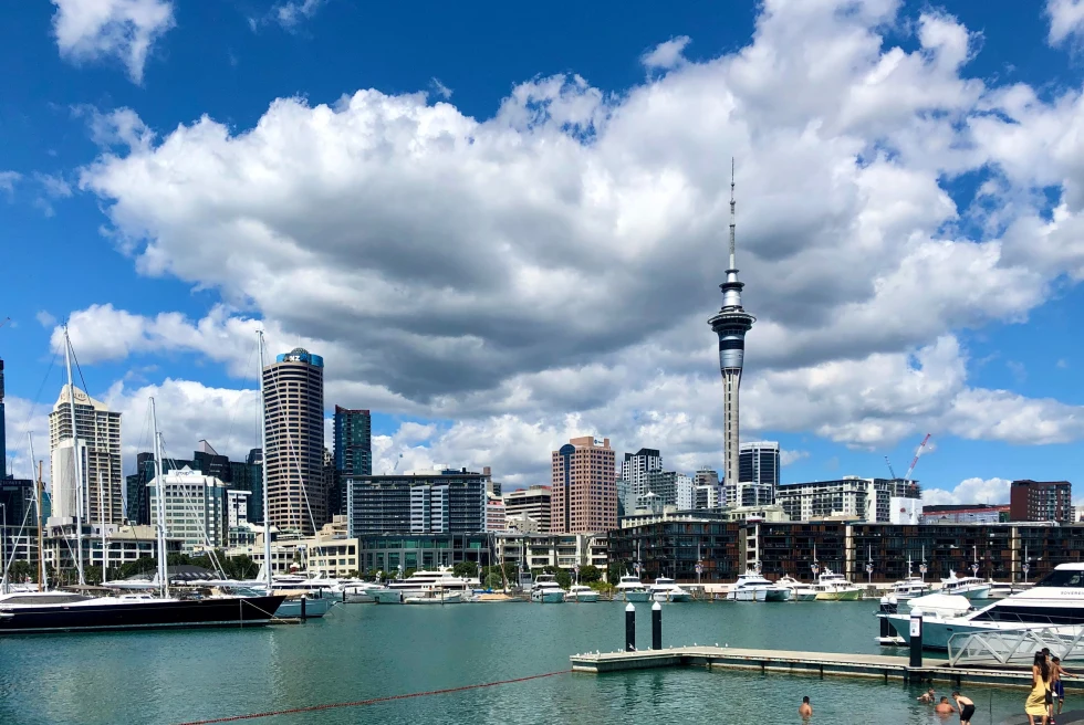 A city view of Auckland, New Zealand with tall brown and white buildings, with white boats in the blue harbour.