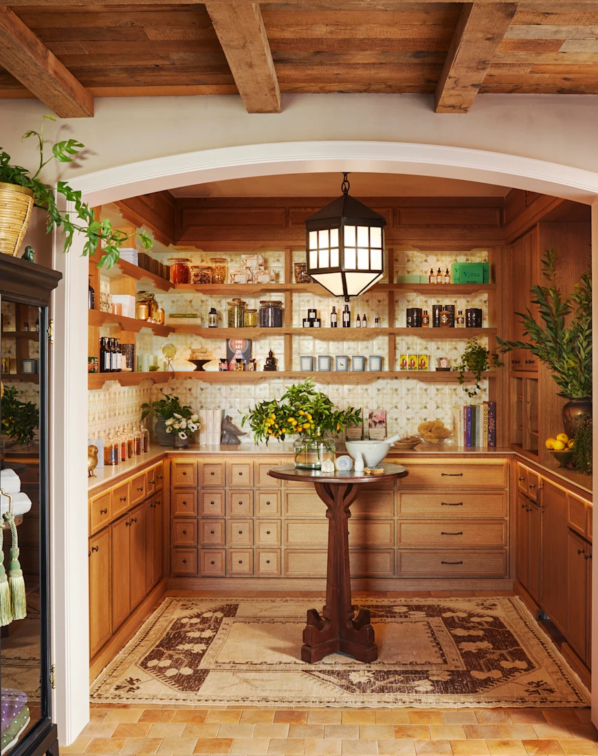 A chic modern apothecary with shelves displaying lotions and potions