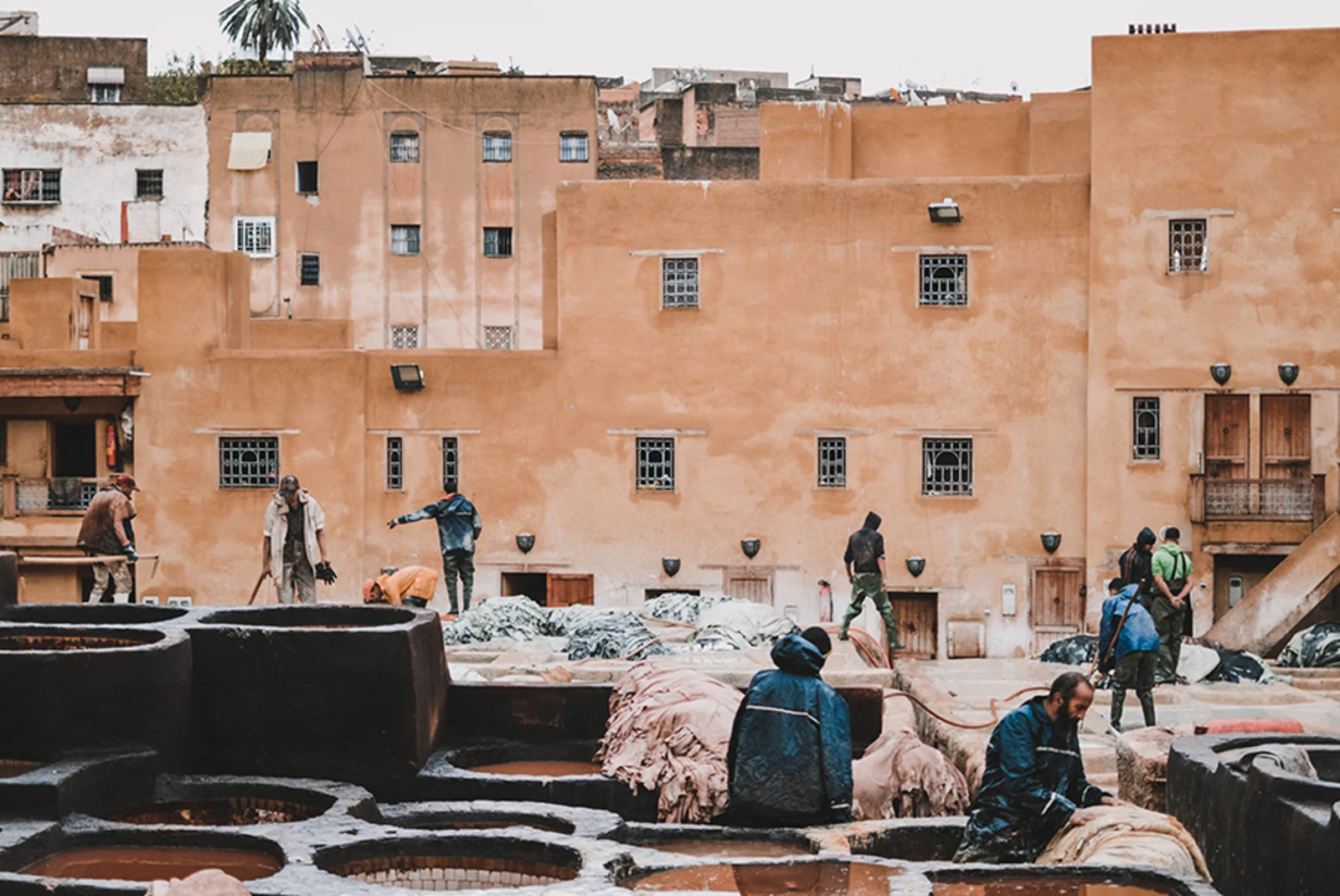 Morocco Fes local market orange buildings