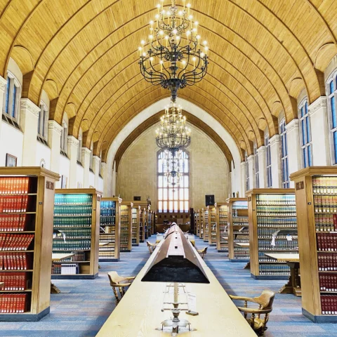 A view of a grand library with arched ceilings, grand chandeliers and one long table down the middle. 