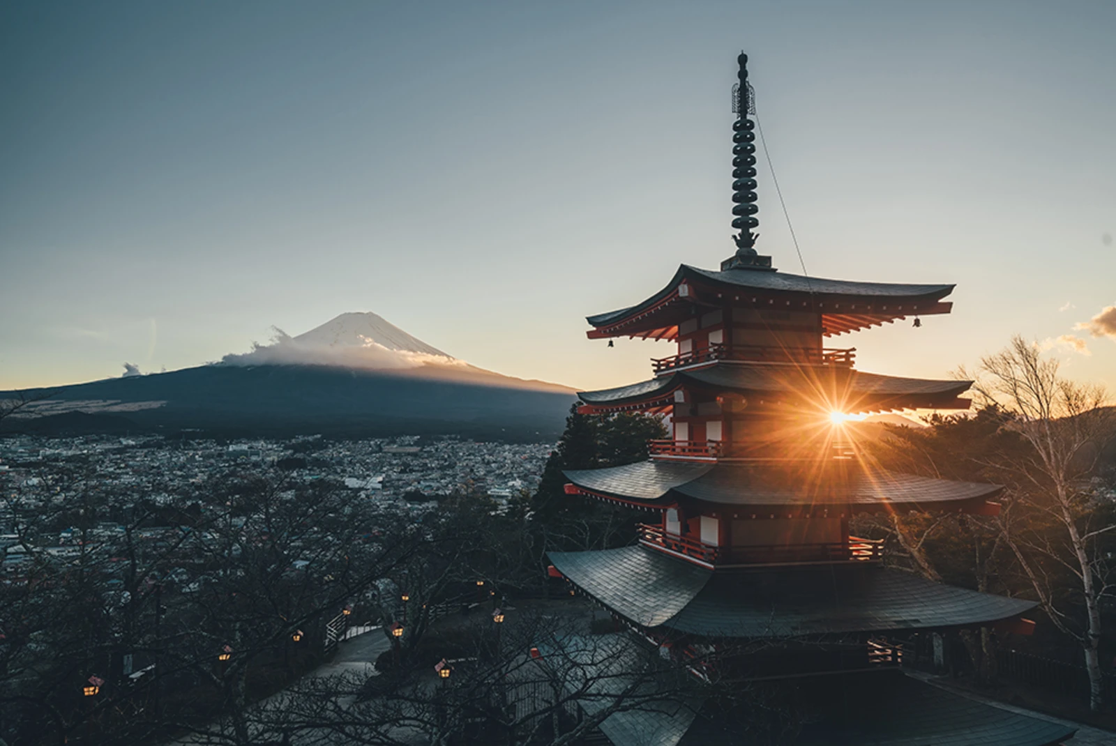 Japanese temple with mount fuji at sunrise city view