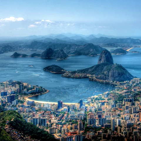 View of the city of Rio de Janeiro with rocky coast in the background
