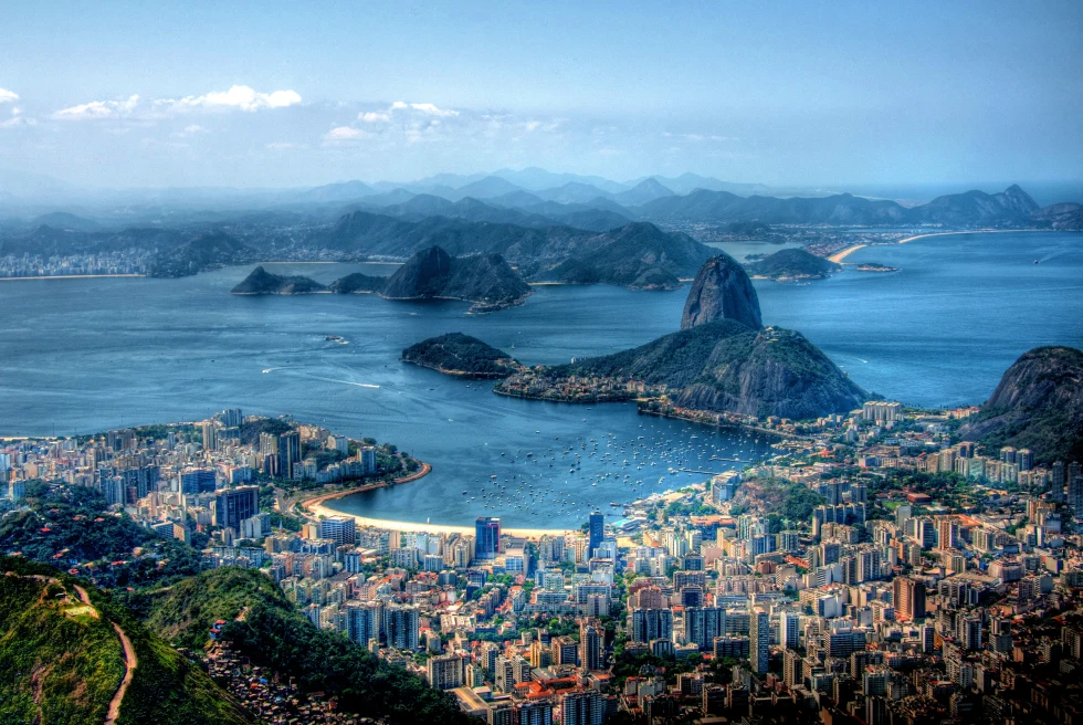 View of the city of Rio de Janeiro with rocky coast in the background