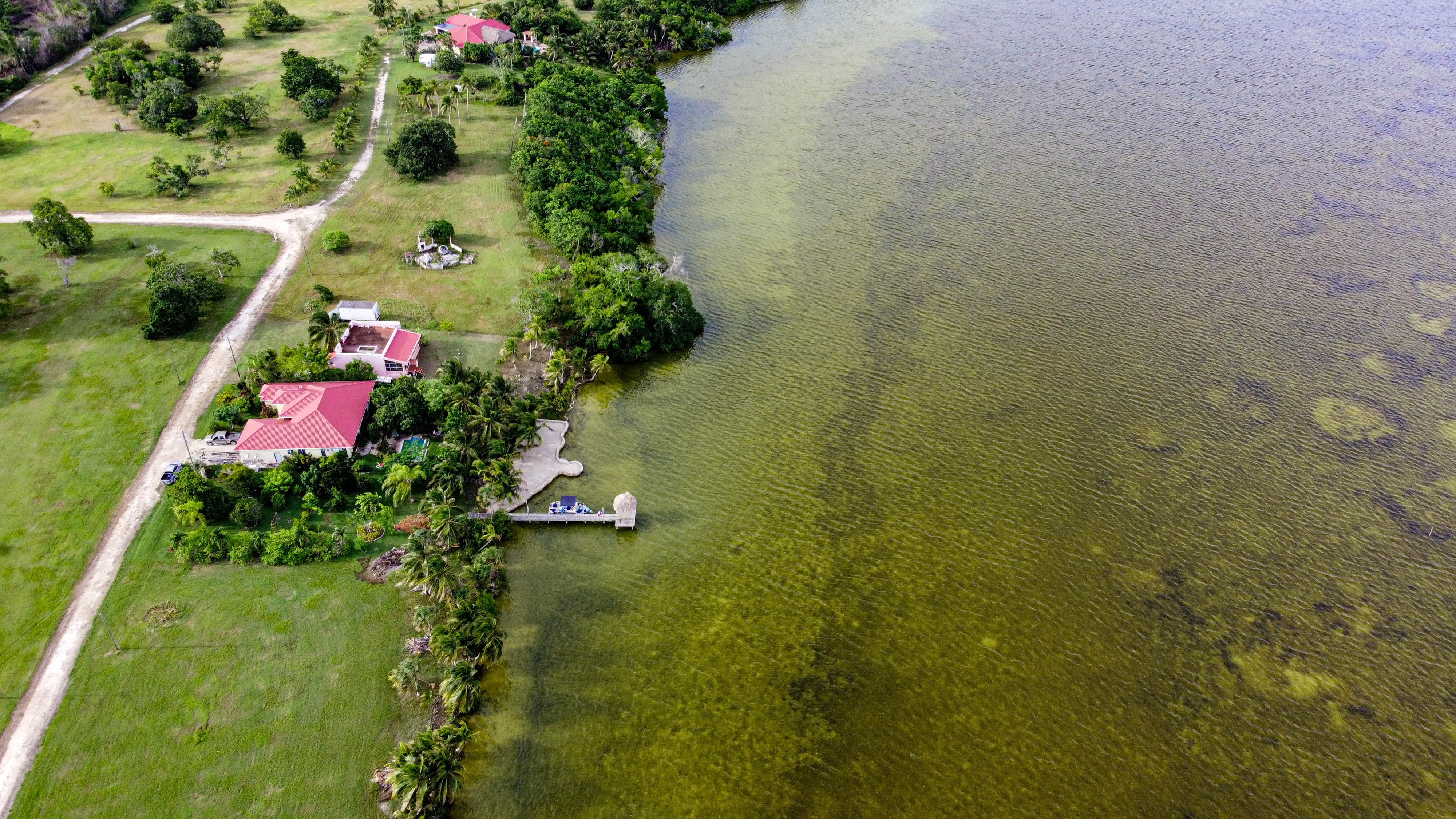 Aerial view of house near the water