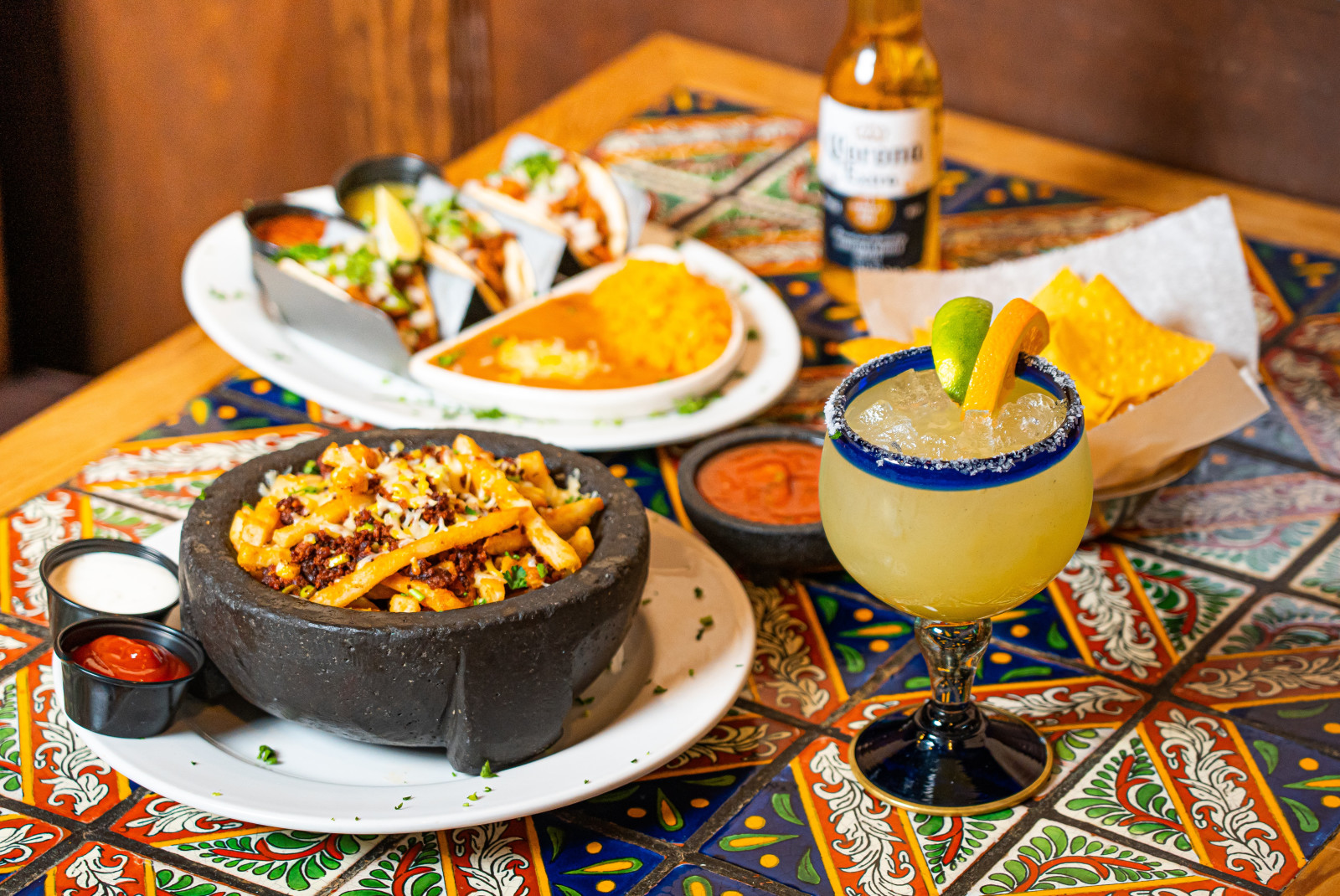 Mexican food with a margarita, soup and more. 