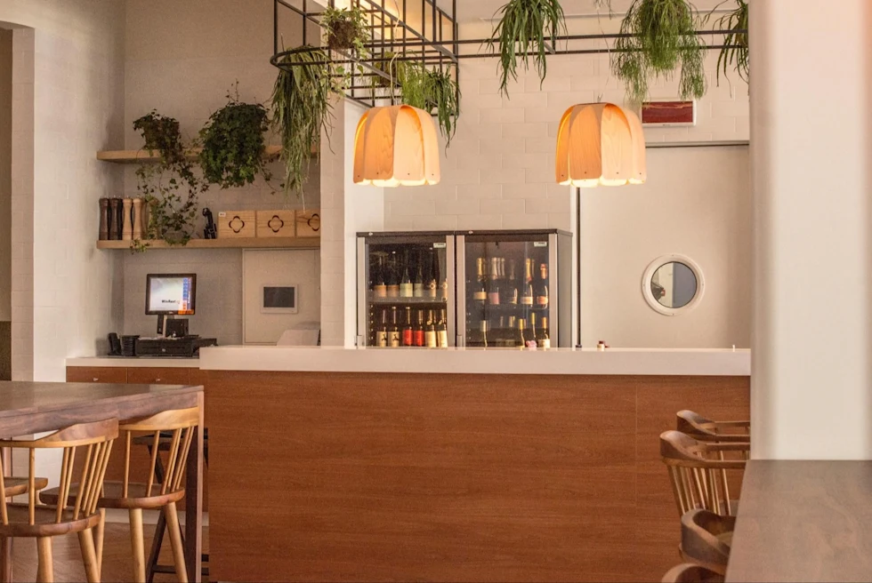 airy restaurant interior with bright wood and hanging plants