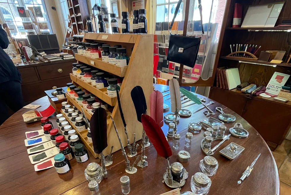 wooden table with vintage stationary supplies