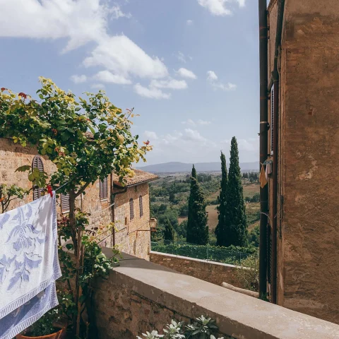 Rustic balcony of Siena in Italy's lush Tuscan hills on a sunny day.