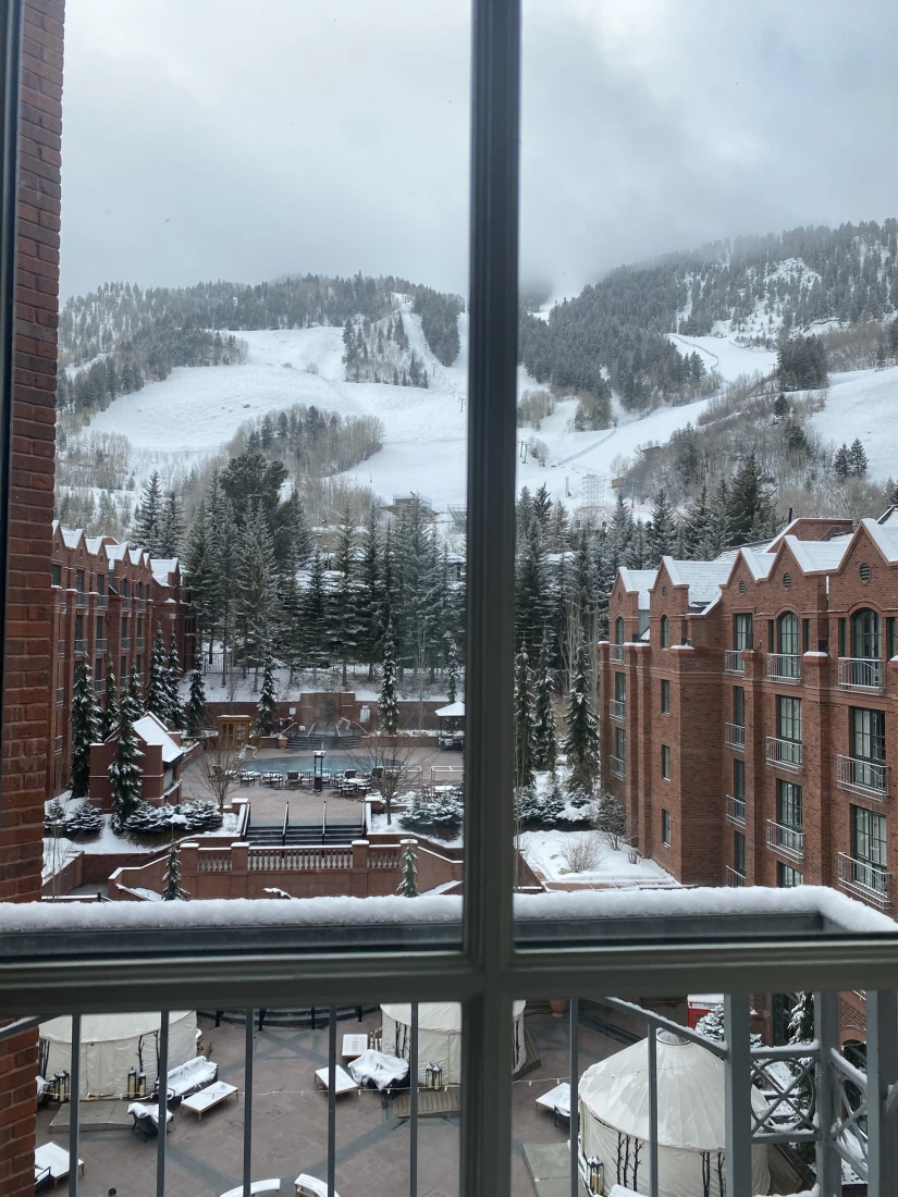 A view of the St. Regis courtyard and Aspen's mountains, from the hotel's window.