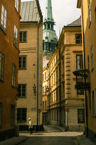 a street view houses and tower Stockholm Sweden