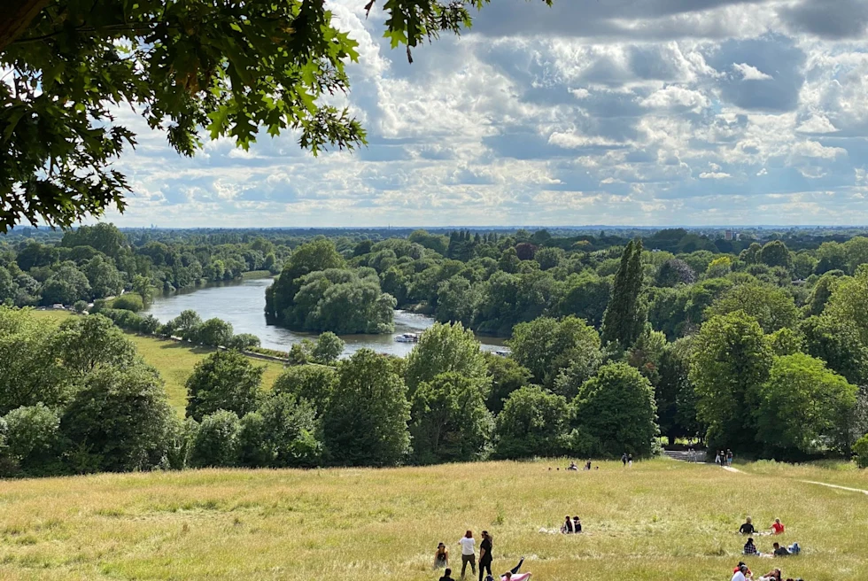 A park overlooking a lake with people sitting in groups during daytime.