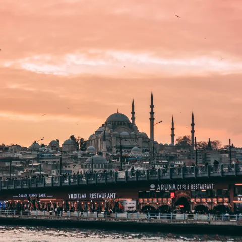 A river with Istanbul skyline in the background. 