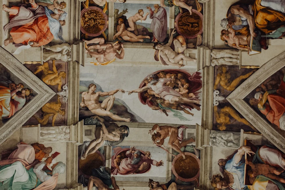 Ceiling art with humans painted on it.