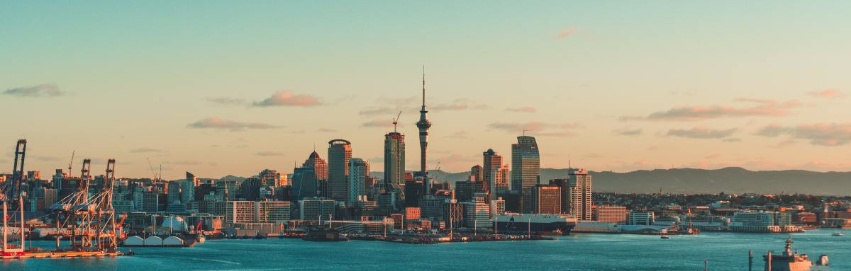 Skyline of Auckland and building during sunset.