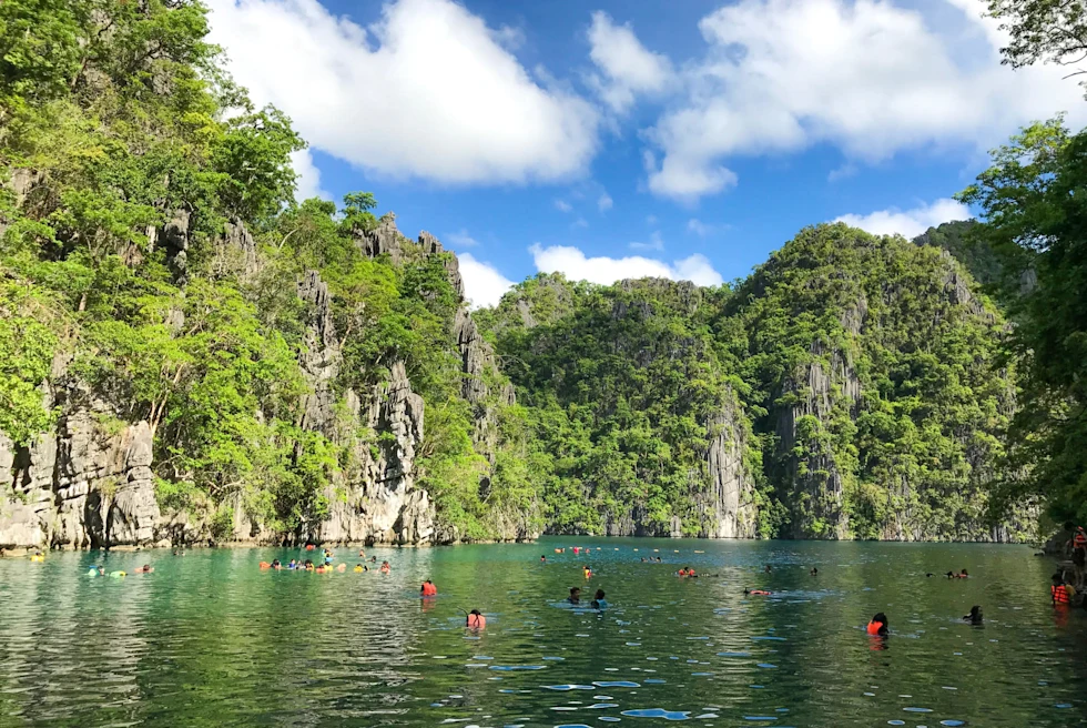 people wade in a natural pool outside a green covered cliff on a sunny day