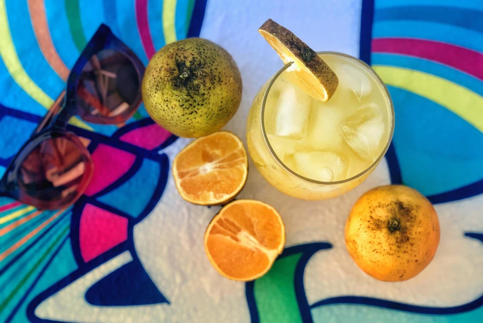 a fruity cocktail with sliced orange and sunglasses lay beside it on a colorful table