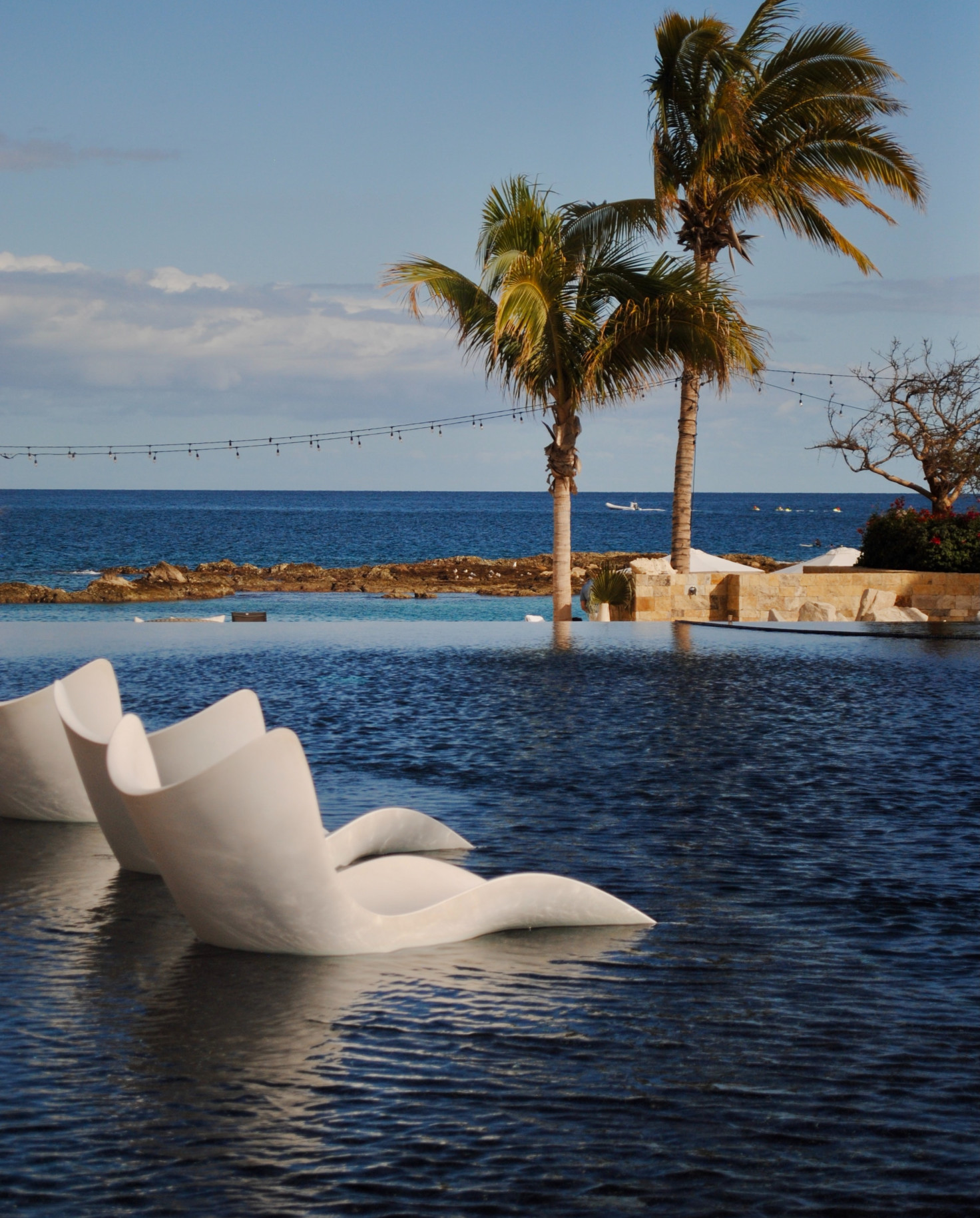 chairs in water with a palm tree in the background during daytime