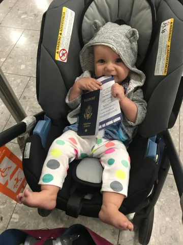 Baby with a passport in a stroller.