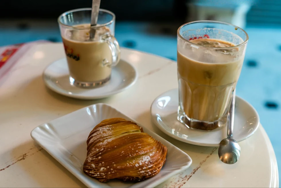 Italian pastry with a glass of iced coffee