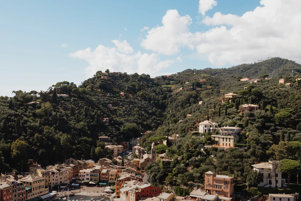 view of a village and the ocean during daytime