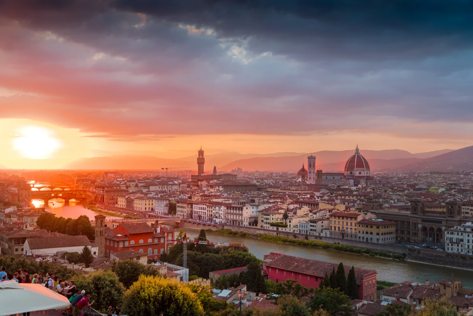 Aerial views of sunset over the city of Florence. 