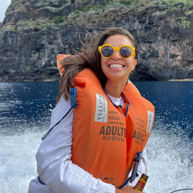Janet Brazil wearing an orange life jacket