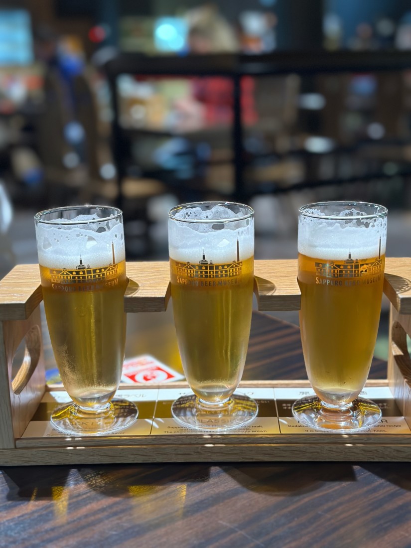 A flight of beer glasses at the Sapporo Beer Museum.