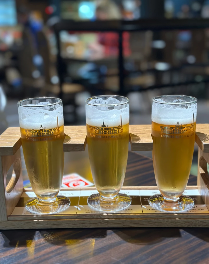 A flight of beer glasses at the Sapporo Beer Museum.