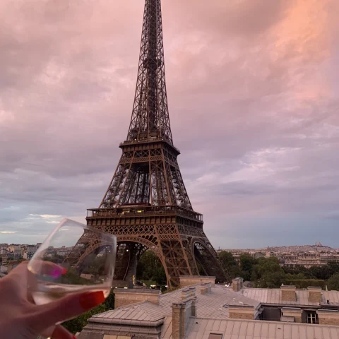 An aerial view of Eiffel Tower with a person holding a glass of wine in front of it.