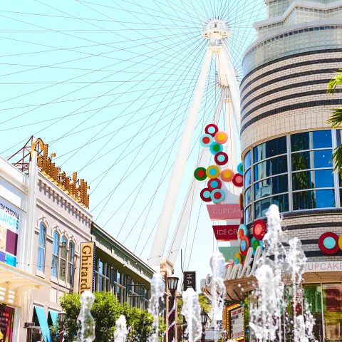 The Las Vegas carousel and fountain during daytime. 