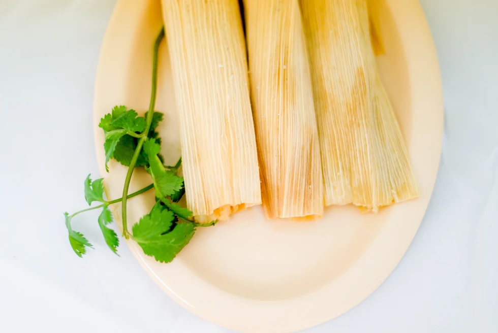 Plate of tamales garnished with cilantro