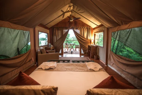 luxe safari tent overlooking a patio among the jungle