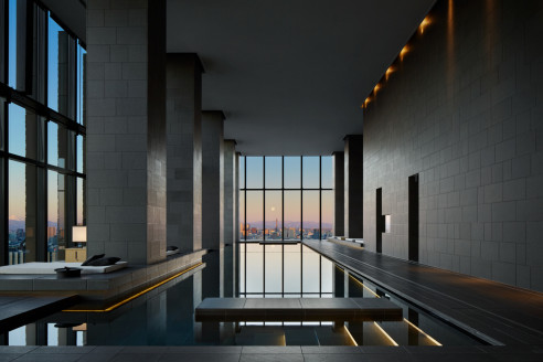 sleek pool in glass room