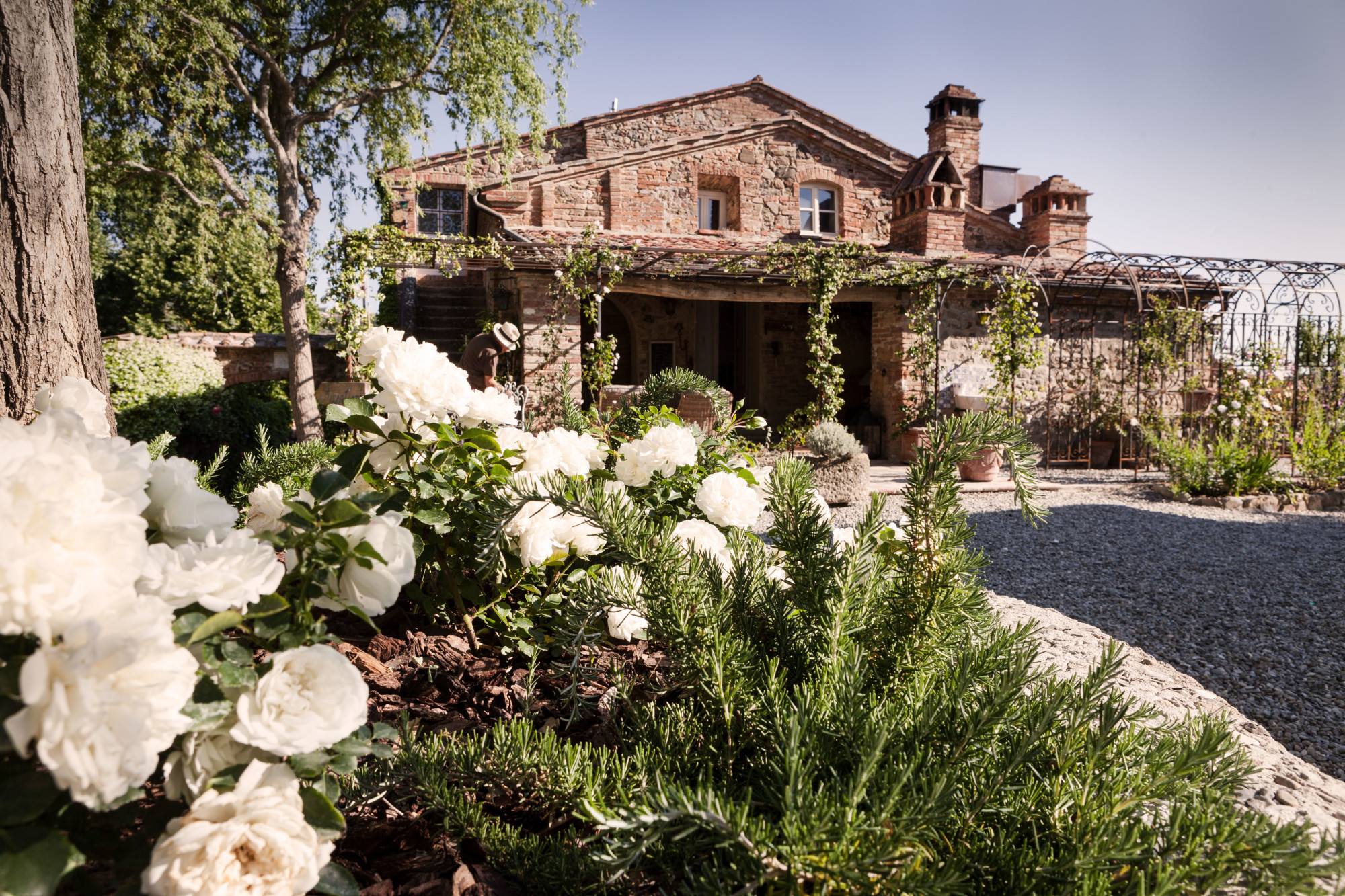 a stone farmhouse covered with greenery