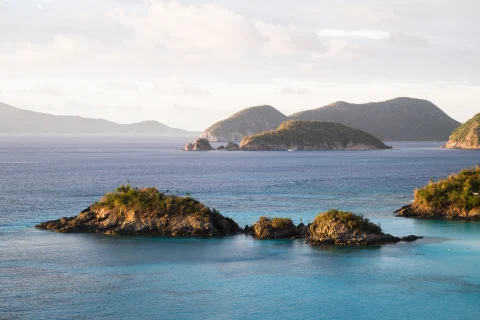 View of the blue waters and rocks of the Virgin Islands