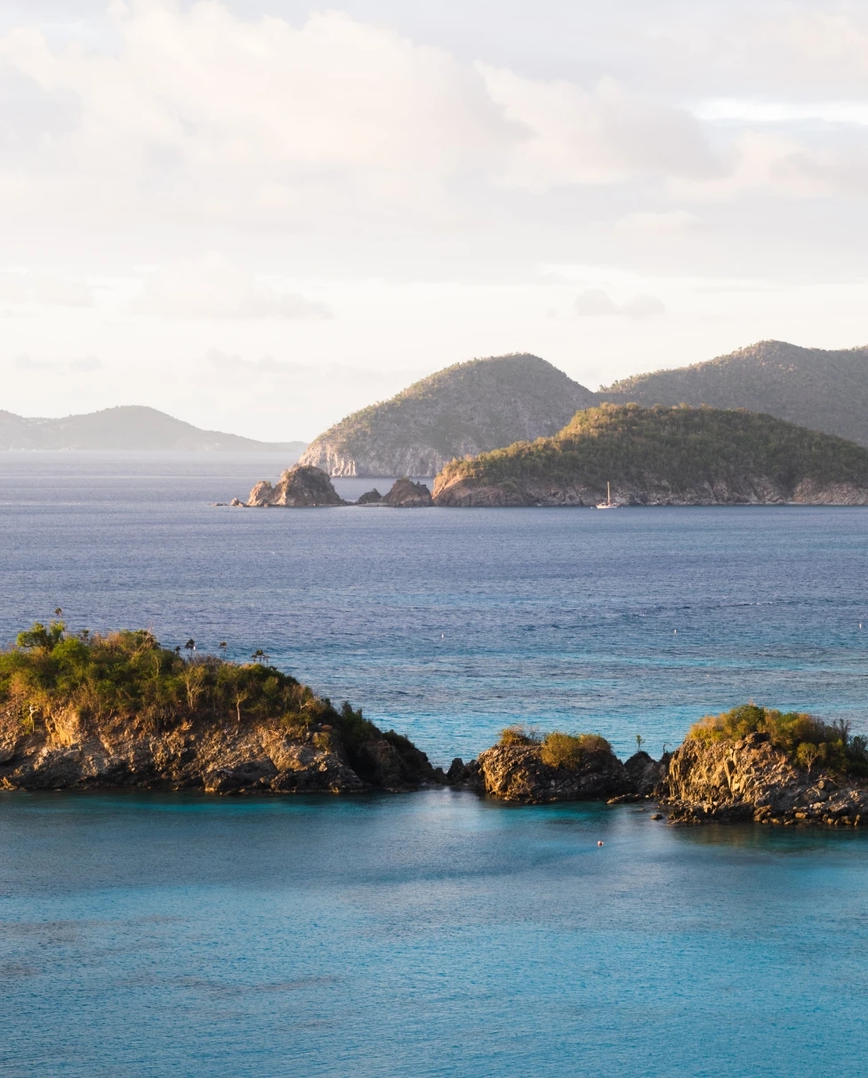 View of the blue waters and rocks of the Virgin Islands
