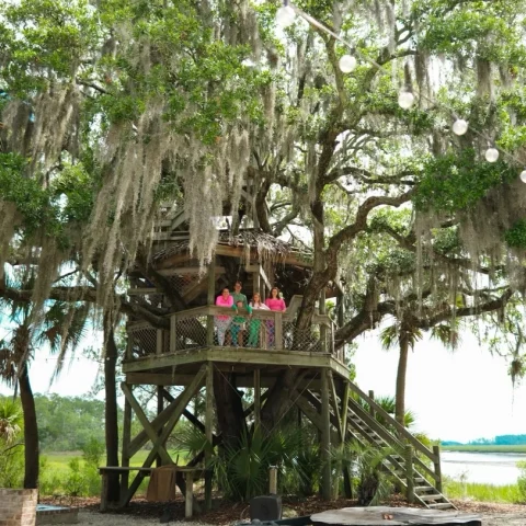 family stands in a treehouse in the forest in Palmetto.