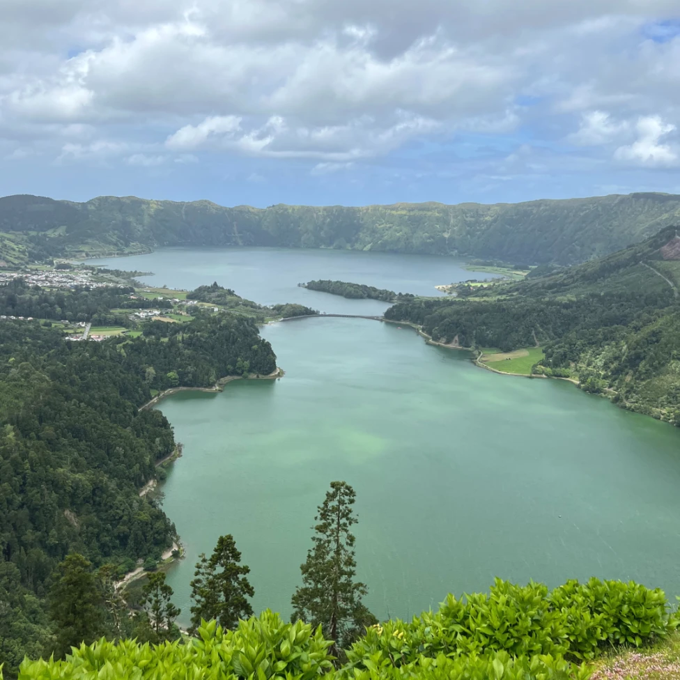 Lagoa das Sete Cidades is a twin lake situated in the crater of a dormant volcano.