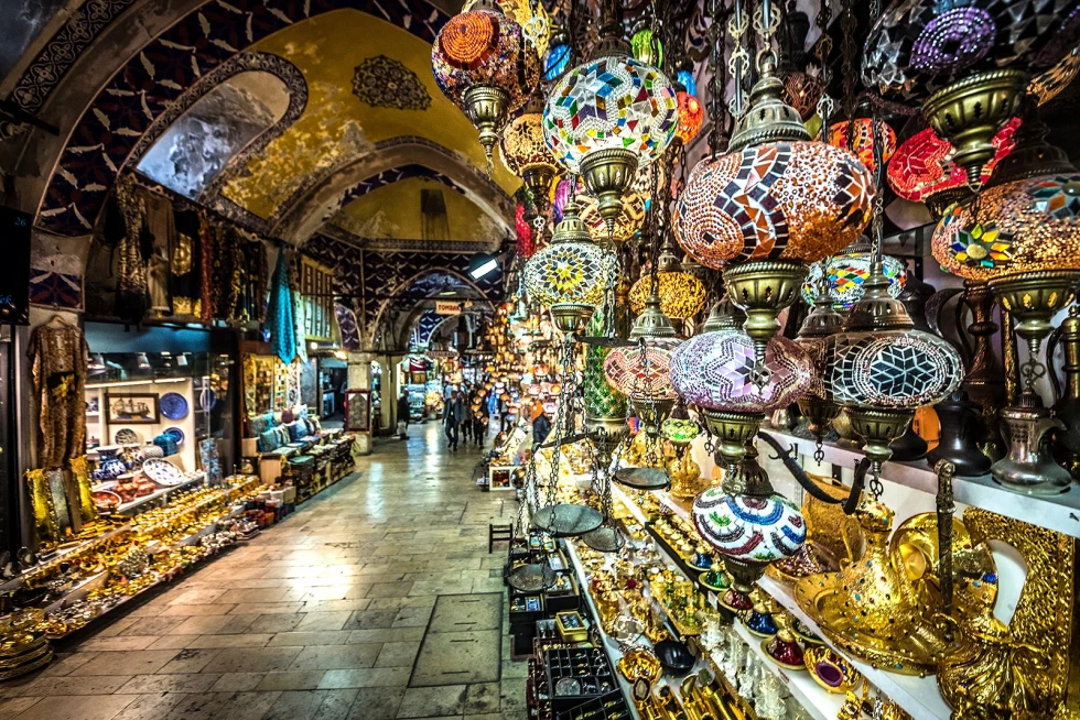 A market with colorful lamp shades.