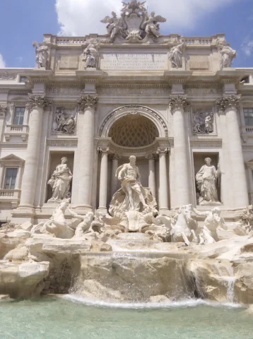 A view of the beautifully carved statues at the Trevi Fountain in Rome. 