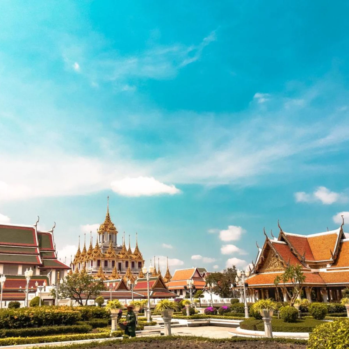 Loha Prasat temple on a sunny day in Bangkok.