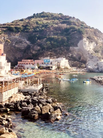 coastal town with colorful buildings and rocky shore