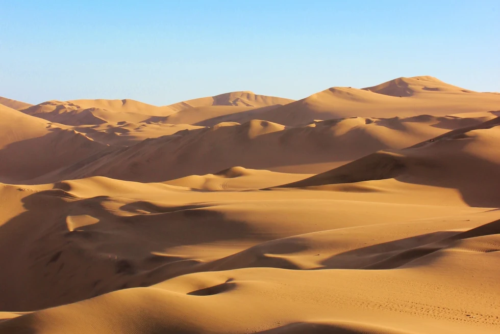 Sand dunes in Desert Oasis of Huacachina on a clear day.