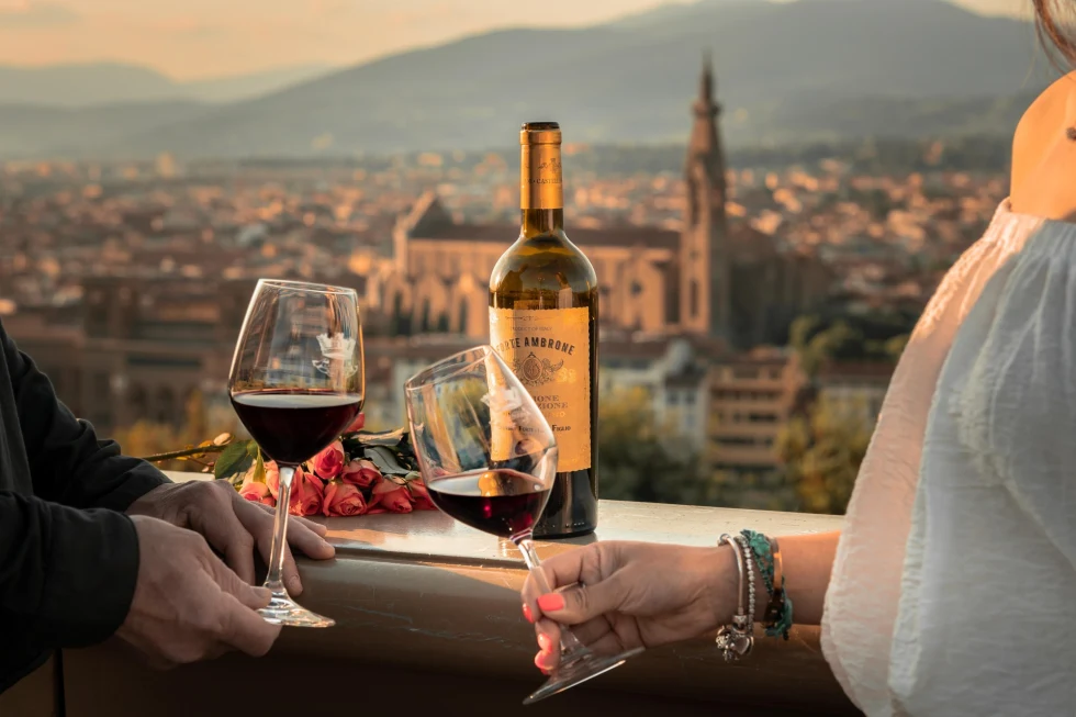 Man and Woman Hands Holding Wine Glasses with city view in the background. 
