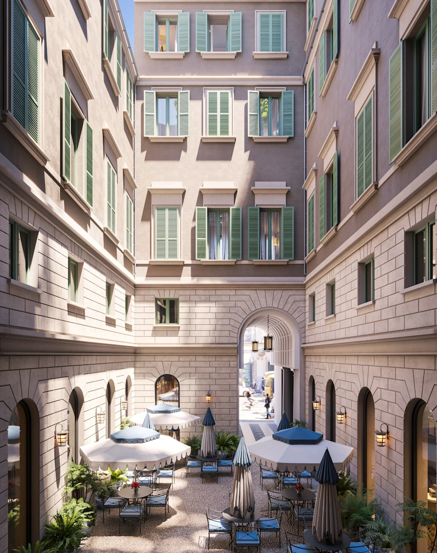 a hidden Milanese courtyard with charming tables and blue chairs